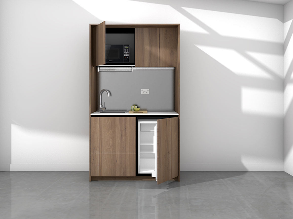 Marla - 1.2m Compact Wall Unit Kitchenette. Displayed with 'Hickory Walnut' Cabinetry, 'Style White' Benchtop, and 'Platinum' Splashback 