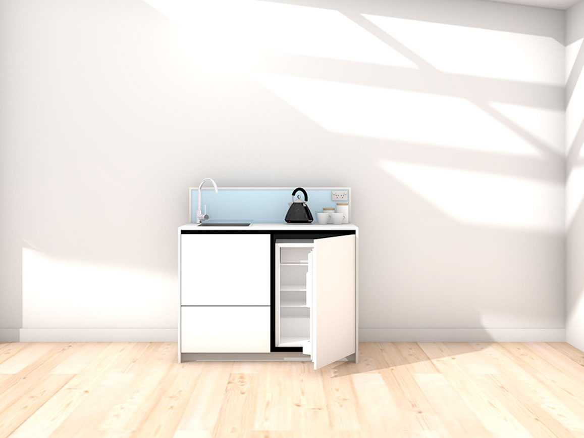 Quinn - 1.2m Compact Counter Unit Kitchenette. Displayed with 'White' Cabinetry, 'Style White' Benchtop, and 'Cascade' Splashback