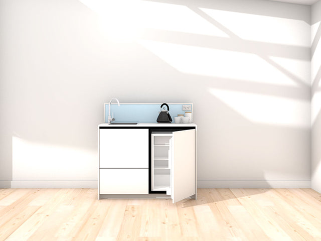 Quinn - 1.2m Compact Counter Unit Kitchenette. Displayed with 'White' Cabinetry, 'Style White' Benchtop, and 'Cascade' Splashback