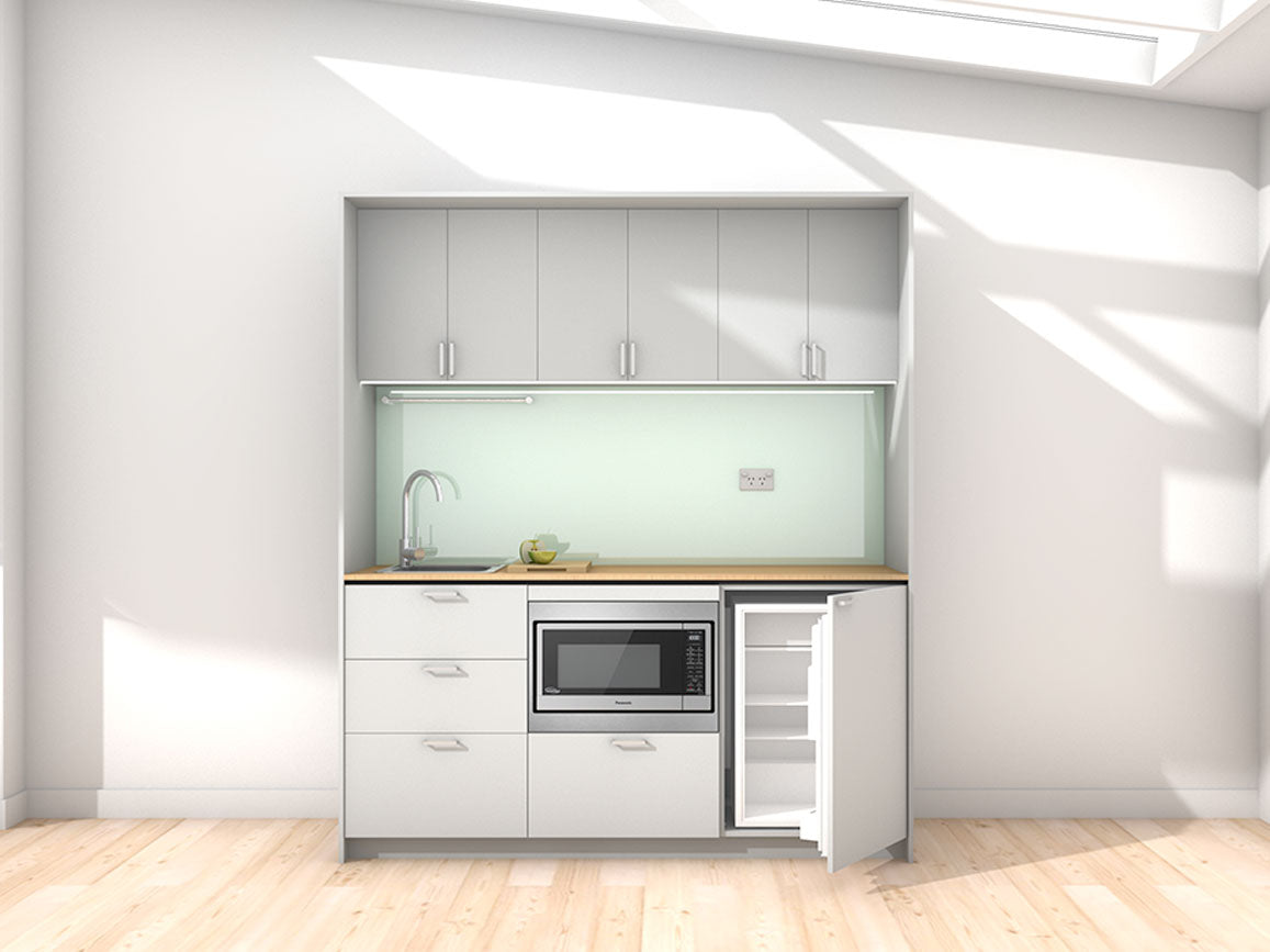Oslo - 1.8m Regular Wall Unit Kitchenette. Displayed with 'Frost Grey' Cabinetry, 'Premium Oak' Benchtop,  and 'Mint' Splashback