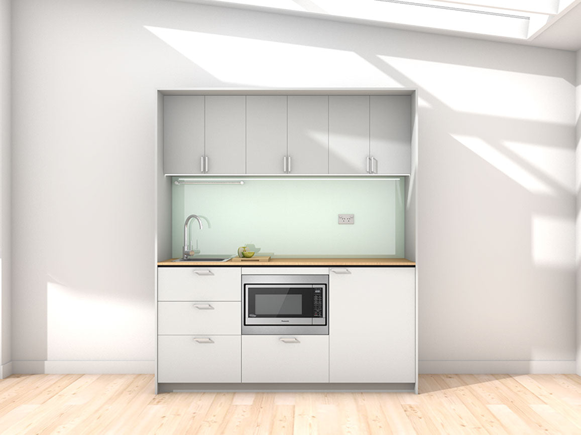 Oslo - 1.8m Regular Wall Unit Kitchenette. Displayed with 'Frost Grey' Cabinetry, 'Premium Oak' Benchtop,  and 'Mint' Splashback