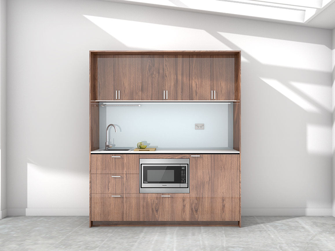 Oslo - 1.8m Regular Wall Unit Kitchenette. Displayed with 'Hickory Walnut' Cabinetry, 'Style White' Benchtop,  and 'Platinum Metallic' Splashback