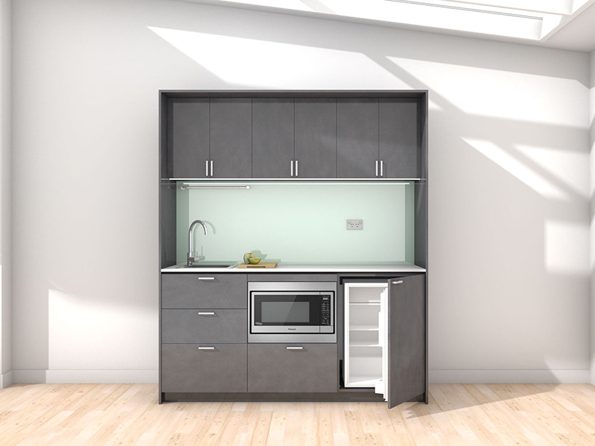 Oslo - 1.8m Regular Wall Unit Kitchenette. Displayed with 'Slate' Cabinetry, 'Style White' Benchtop,  and 'Mint' Splashback