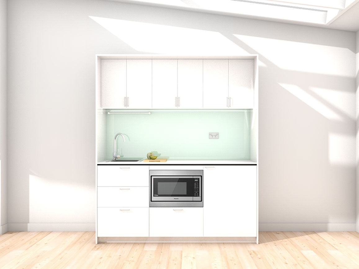 Oslo - 1.8m Regular Wall Unit Kitchenette. Displayed with 'White' Cabinetry, 'Style White' Benchtop,  and 'Mint' Splashback