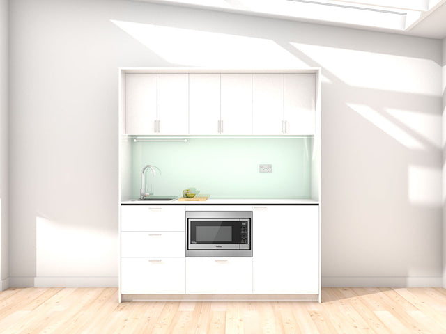 Oslo - 1.8m Regular Wall Unit Kitchenette. Displayed with 'White' Cabinetry, 'Style White' Benchtop,  and 'Mint' Splashback