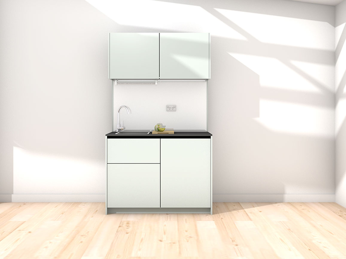 Erica - 1.2m Compact Wall Unit Kitchenette. Displayed with 'Pistachio' Cabinetry, 'Black' Benchtop, and 'Sheer Bliss White' Splashback