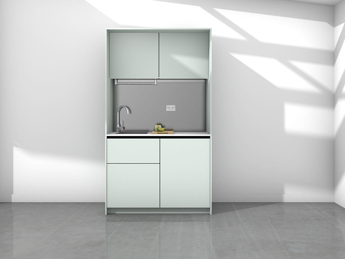 Sadie - 1.2m Compact Wall Unit Kitchenette. Displayed with 'Pistachio' Cabinetry, 'Style White' Benchtop, and 'Platinum' Splashback