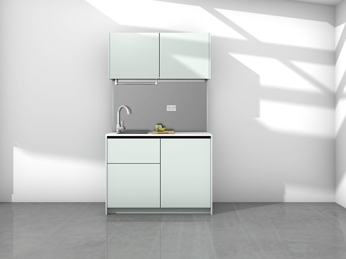 Erica - 1.2m Compact Wall Unit Kitchenette. Displayed with 'Pistachio' Cabinetry, 'Style White' Benchtop, and 'Platinum' Splashback