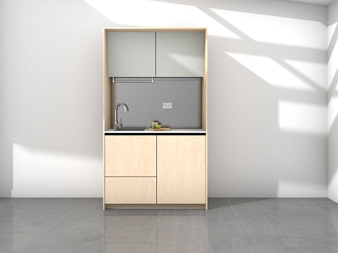 Marla - 1.2m Compact Wall Unit Kitchenette. Displayed with 'Maple and Pistachio' Cabinetry, 'Style White' Benchtop, and 'Whisper Grey' Splashback 
