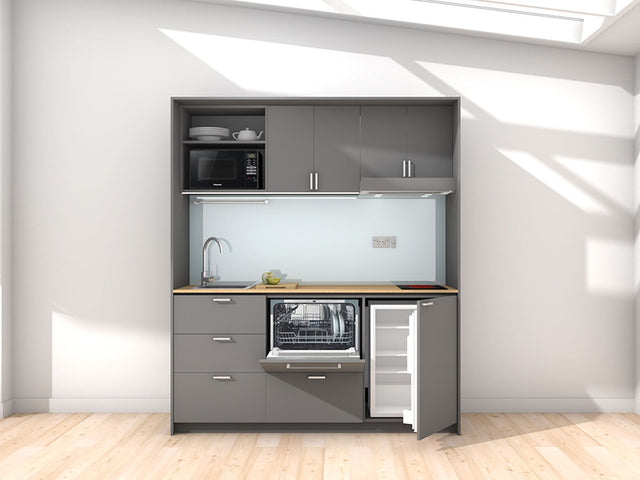 Stockholm - 1.8m Regular Wall Unit Kitchenette. Displayed with 'Anthricate' Cabinetry, 'Premium Oak' Benchtop,  and 'Cascade' Splashback