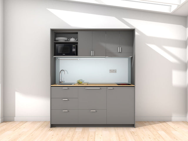 Stockholm - 1.8m Regular Wall Unit Kitchenette. Displayed with 'Anthricate' Cabinetry, 'Premium Oak' Benchtop,  and 'Cascade' Splashback