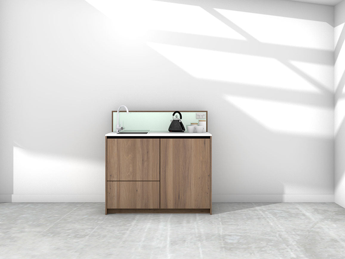 Quinn - 1.2m Compact Counter Unit Kitchenette. Displayed with 'Walnut' Cabinetry, 'Style White' Benchtop, and 'Mint' Splashback