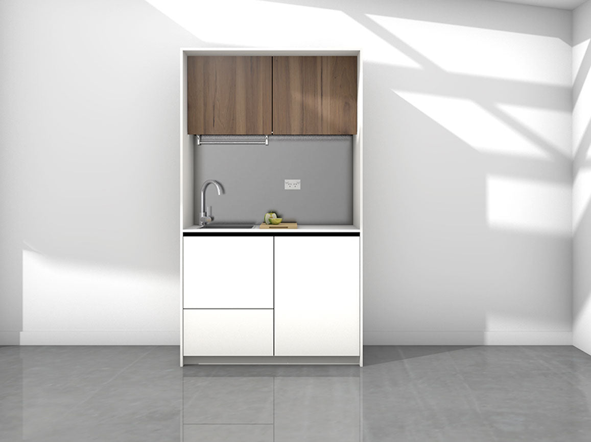 Marla - 1.2m Compact Wall Unit Kitchenette. Displayed with 'White and Hickory Walnut' Cabinetry, 'Style White' Benchtop, and 'Platinum' Splashback 