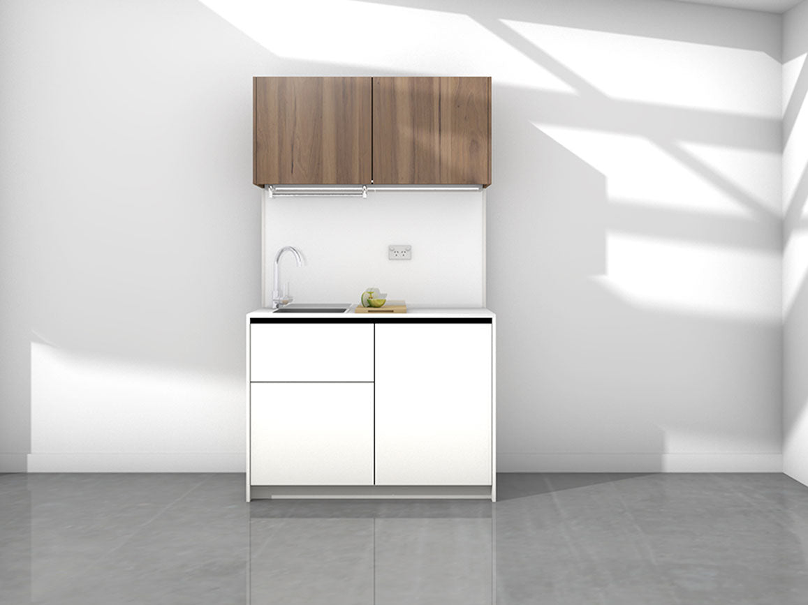 Erica - 1.2m Compact Wall Unit Kitchenette. Displayed with 'Hickory Walnut and White' Cabinetry, 'Style White' Benchtop, and 'Sheer Bliss White' Splashback
