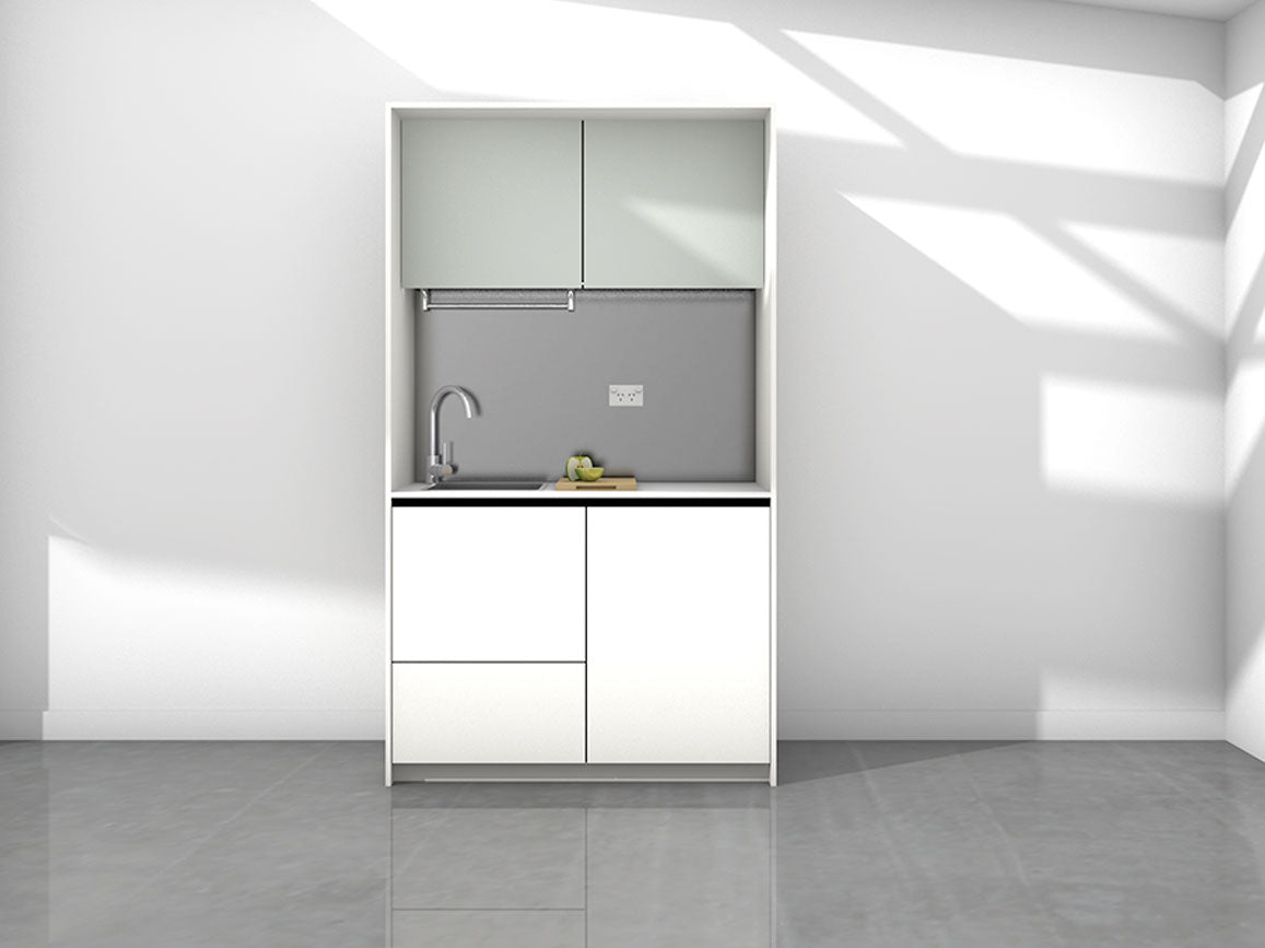 Marla - 1.2m Compact Wall Unit Kitchenette. Displayed with 'White and Pistachio' Cabinetry, 'Style White' Benchtop, and 'Platinum' Splashback 